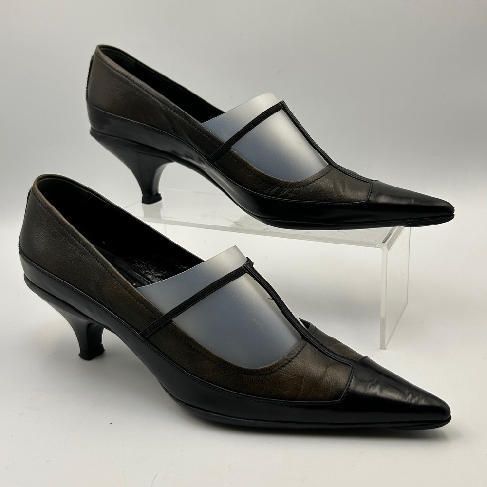 Archival VTG Prada SS2000 All Leather Pleated Pointed Elastic T Strap Heels 38